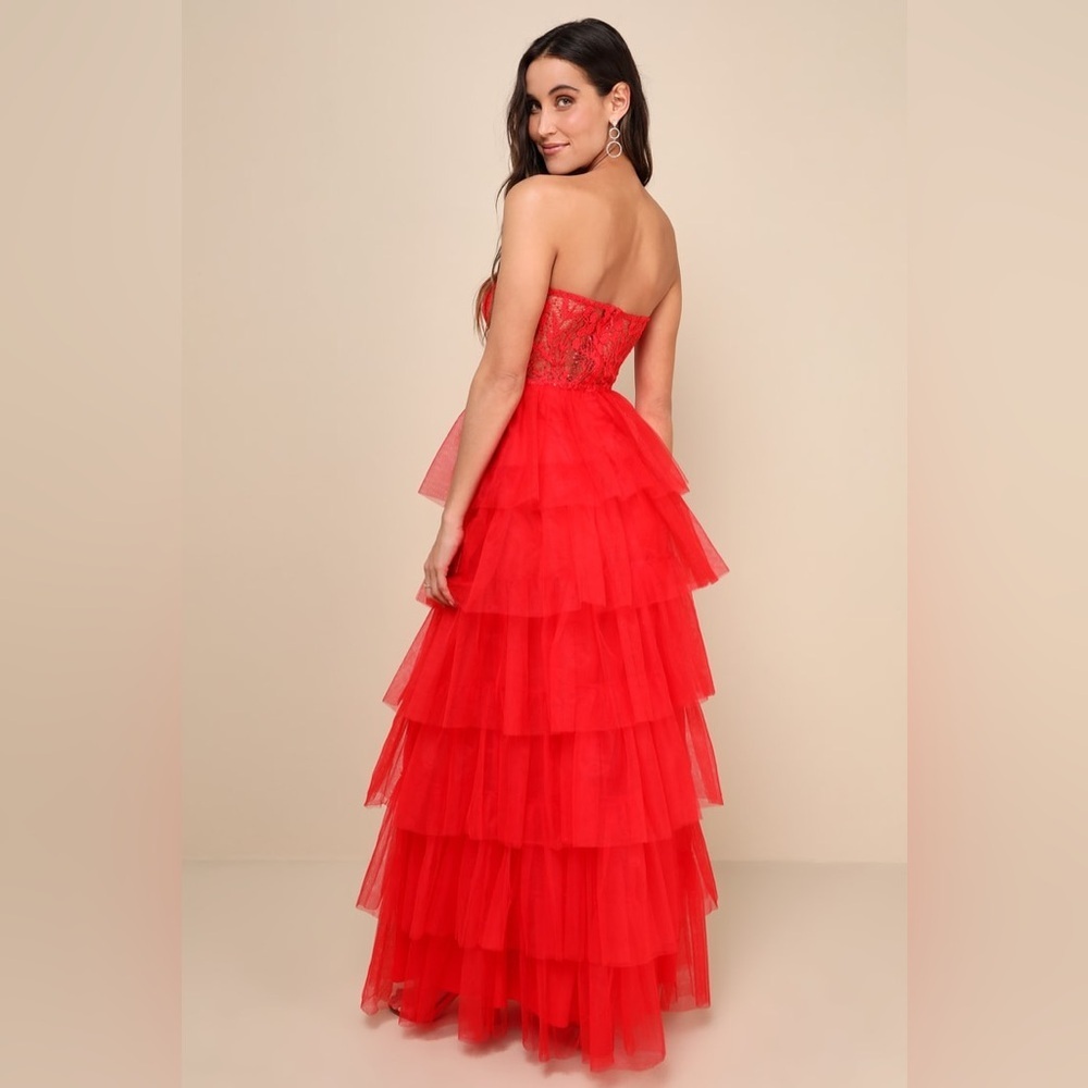 LULU’S RADIANT DESIGN TULLE LACE STRAPLESS BUSTIER MAXI DRESS - Picture 3 of 16